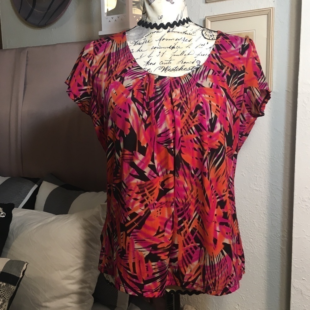 Worthington gathered neckline bright tropical print blouse